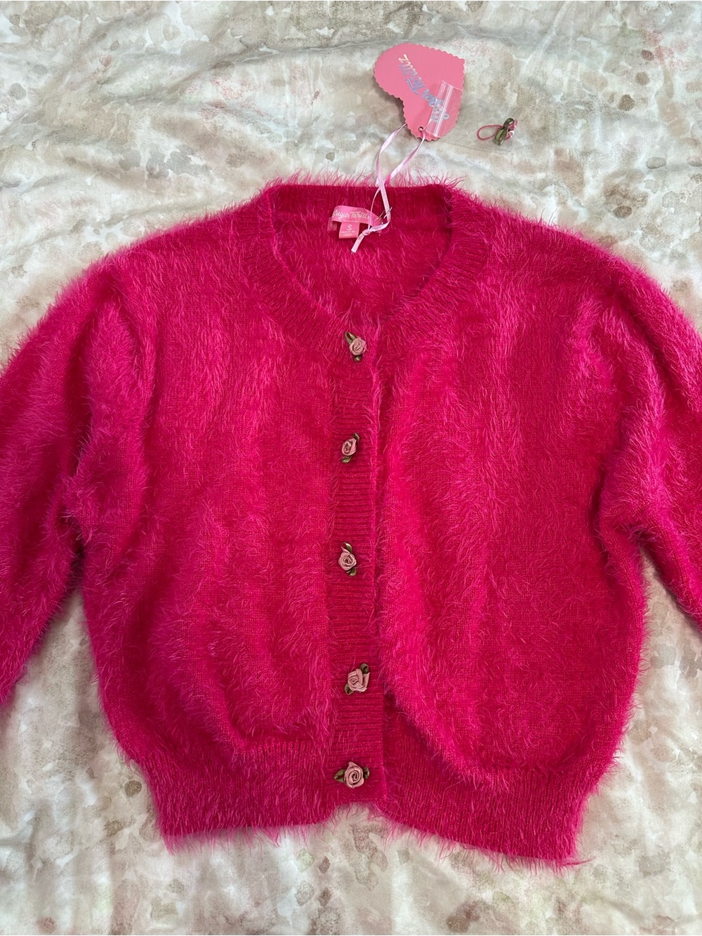 Sugar Thrillz Hot Pink Fuzzy Cropped Button-Front Cardigan